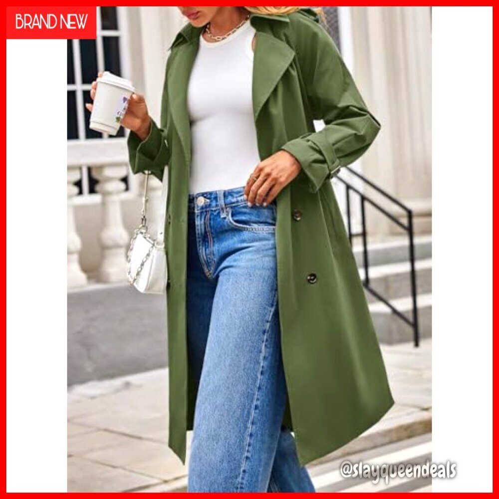 Long Trench Coat Double Breasted Notch Lapel Lightweight Oversized Windproof - Picture 3 of 6